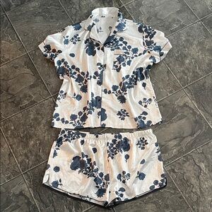 EKOUAER Floral Satiny Pajama-Set White & Blue Comfy Coquette Cozy Loungewear